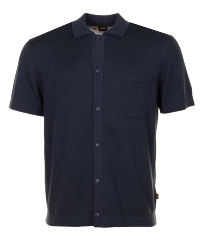 Kamiccio Knitted Full Button Short Sleeve Polo Shirt Dark Blue