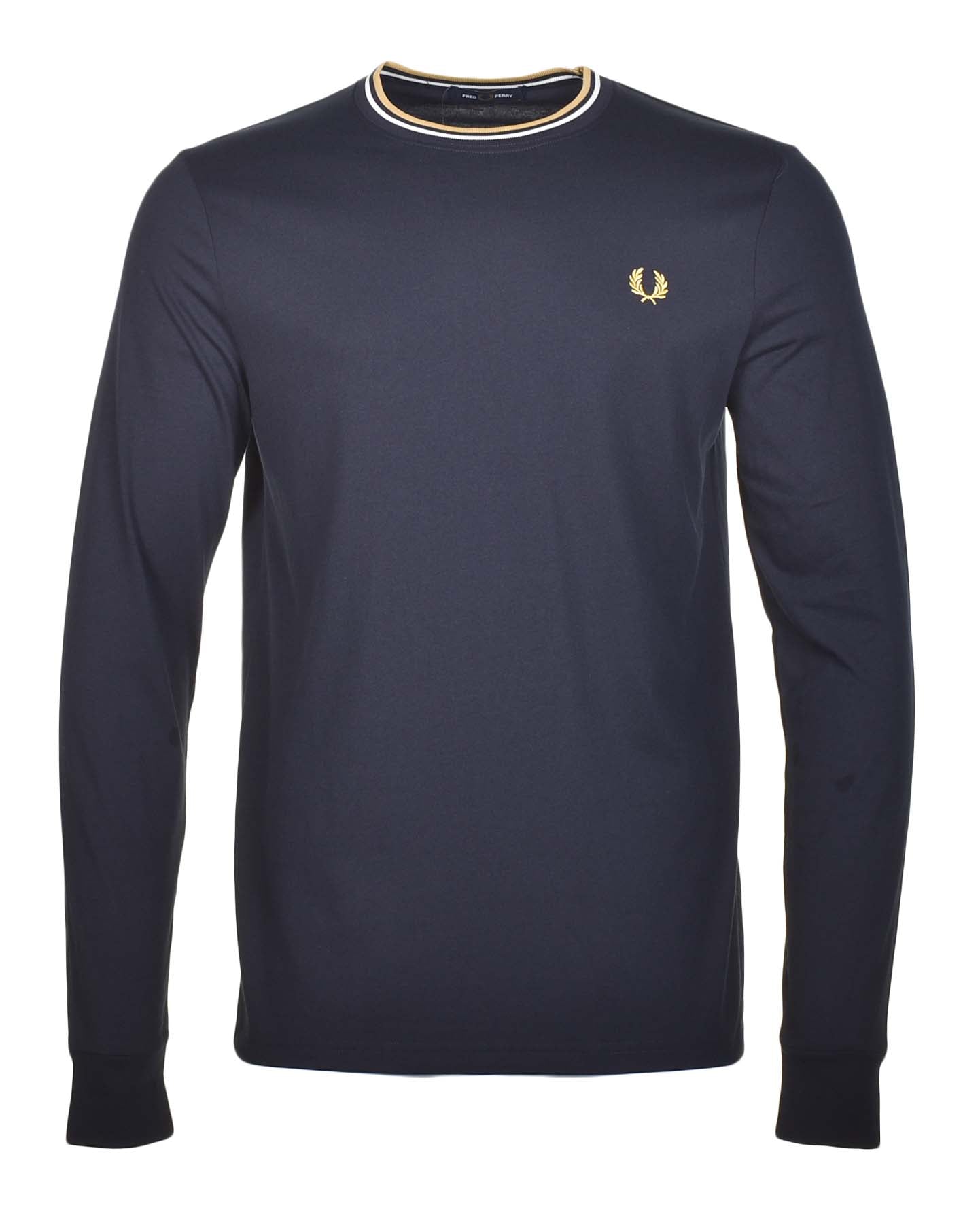 Long Sleeve Twin Tipped T Shirt Navy Ecru Honeycomb