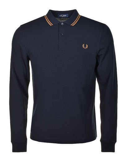 Long Sleeve Twin Tipped Polo Shirt Navy Dark Caramel