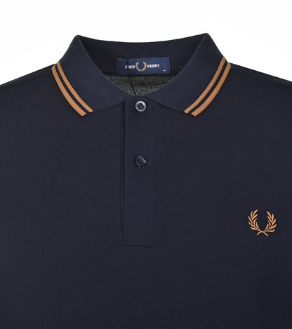 Long Sleeve Twin Tipped Polo Shirt Navy Dark Caramel