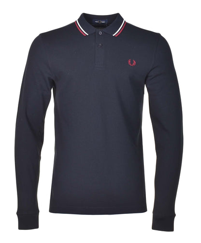 Long Sleeve Twin Tipped Polo Shirt Navy Snow White Red