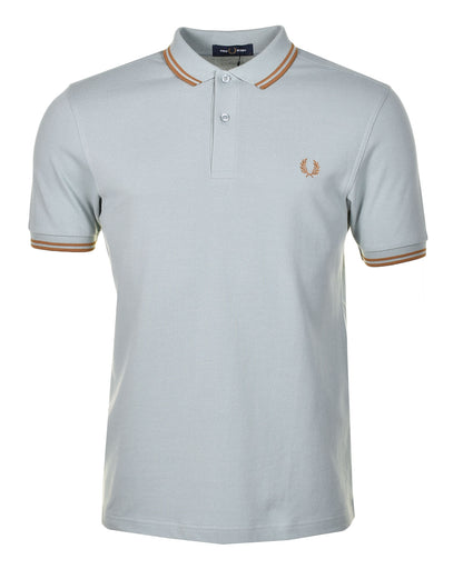 Short Sleeve Twin Tipped Polo Shirt Silver blue/ Dark Caramel