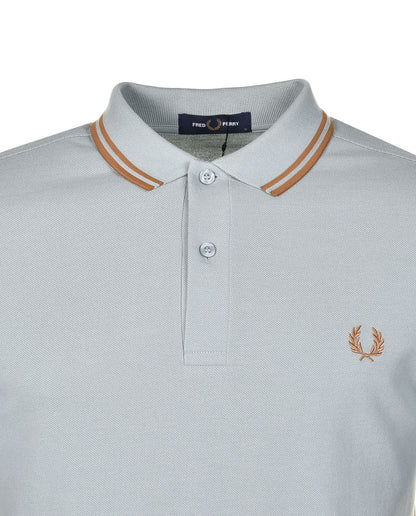 Short Sleeve Twin Tipped Polo Shirt Silver blue/ Dark Caramel