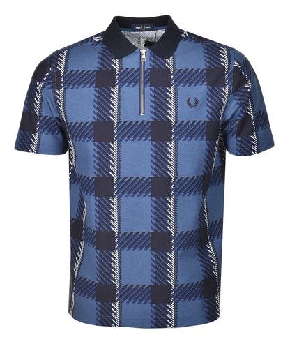 Short Sleeve Glitch Tartan Zip Neck Polo Midnight Blue