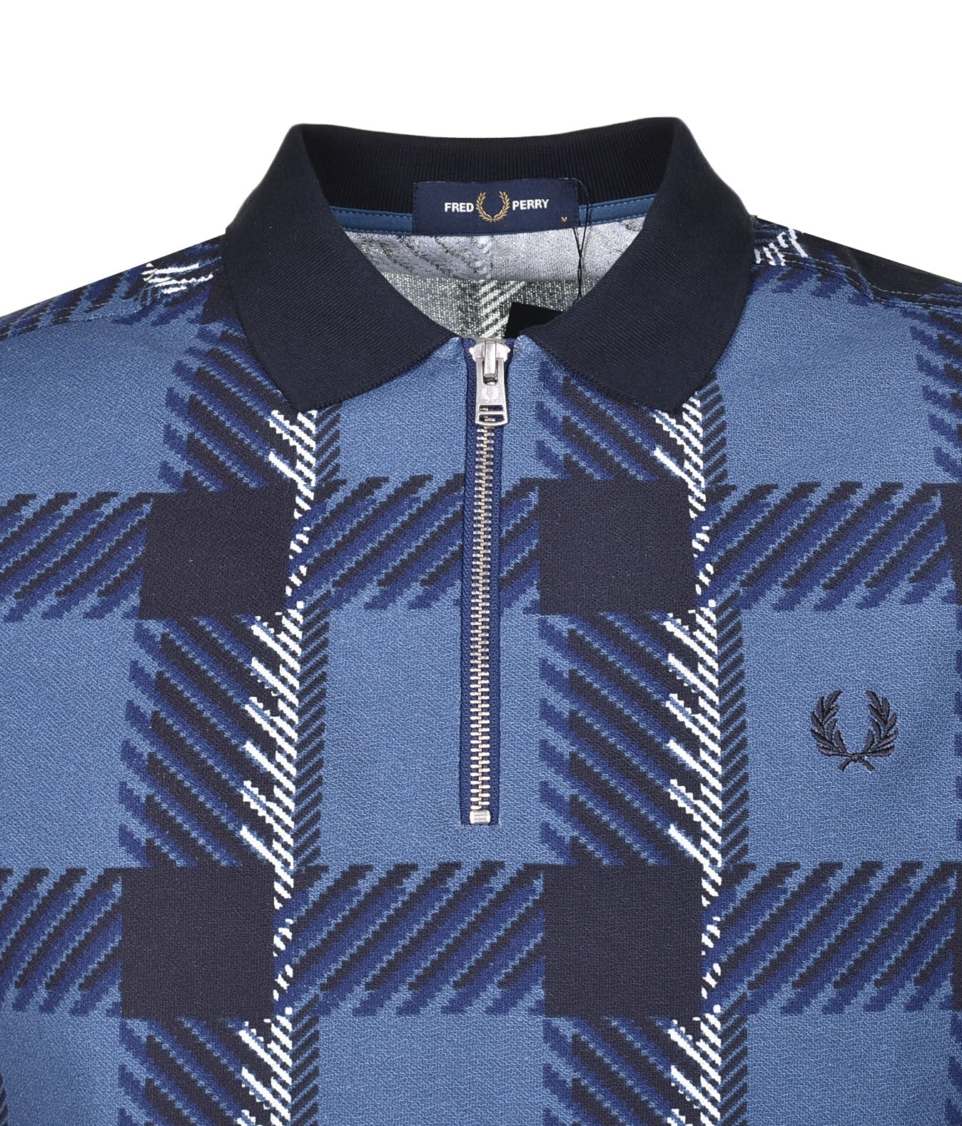 Short Sleeve Glitch Tartan Zip Neck Polo Midnight Blue