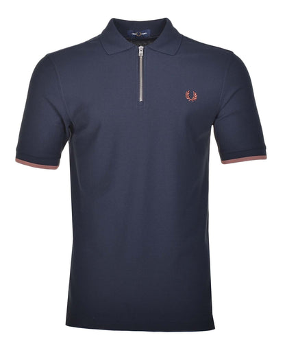 Crepe Pique Zip Neck Polo Shirt Navy